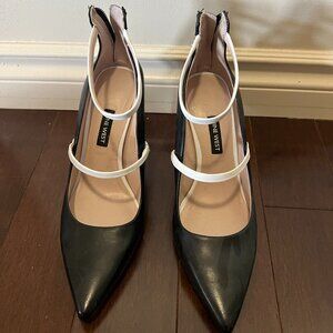 Black leather Nine West heels with two, thin white straps, never worn